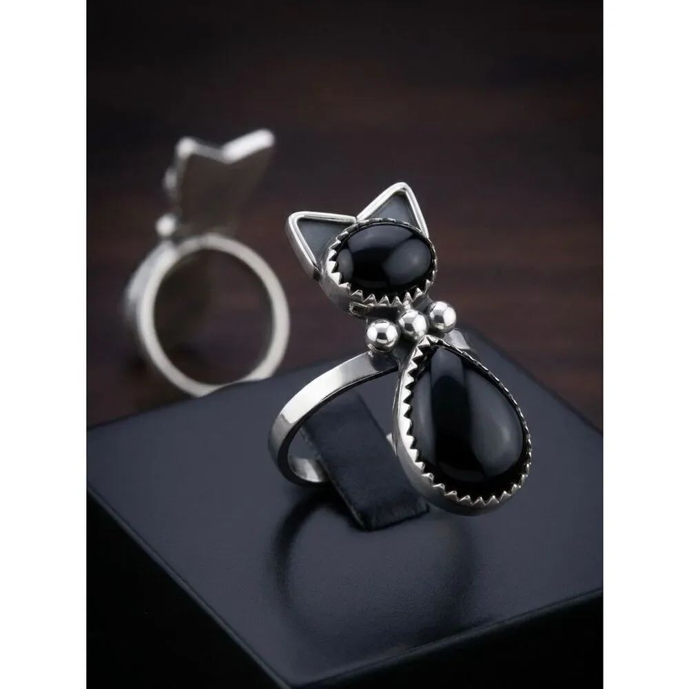 Southwest Onyx Black Cat Boho Ring Artisan Handmade Sterling Silver Adjustable
